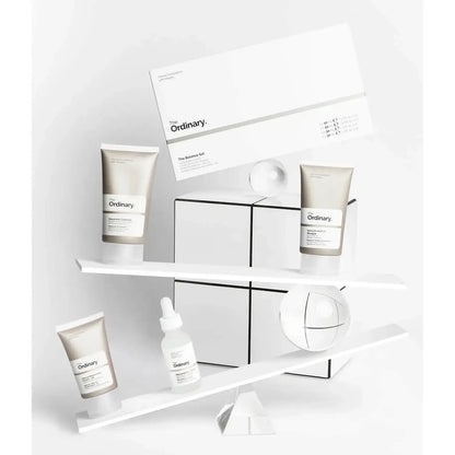The Ordinary The Balance Set featuring four skincare products on a minimalist display for a balanced complexion.