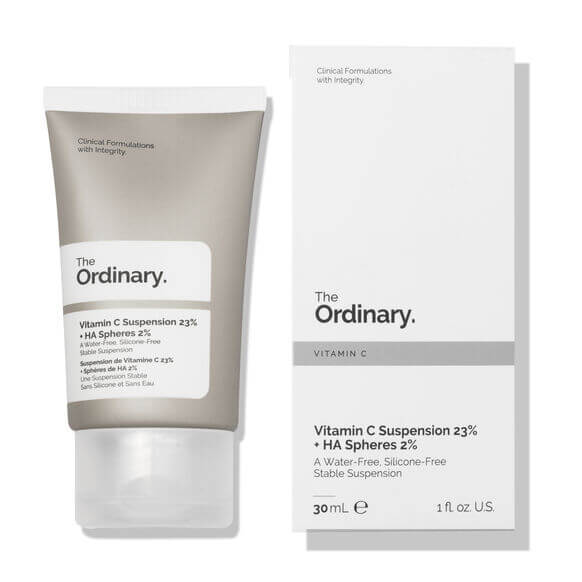 The Ordinary Vitamin C Suspension 23% + HA Spheres 2% 30ml packaging showcasing skincare benefits for brightening skin.