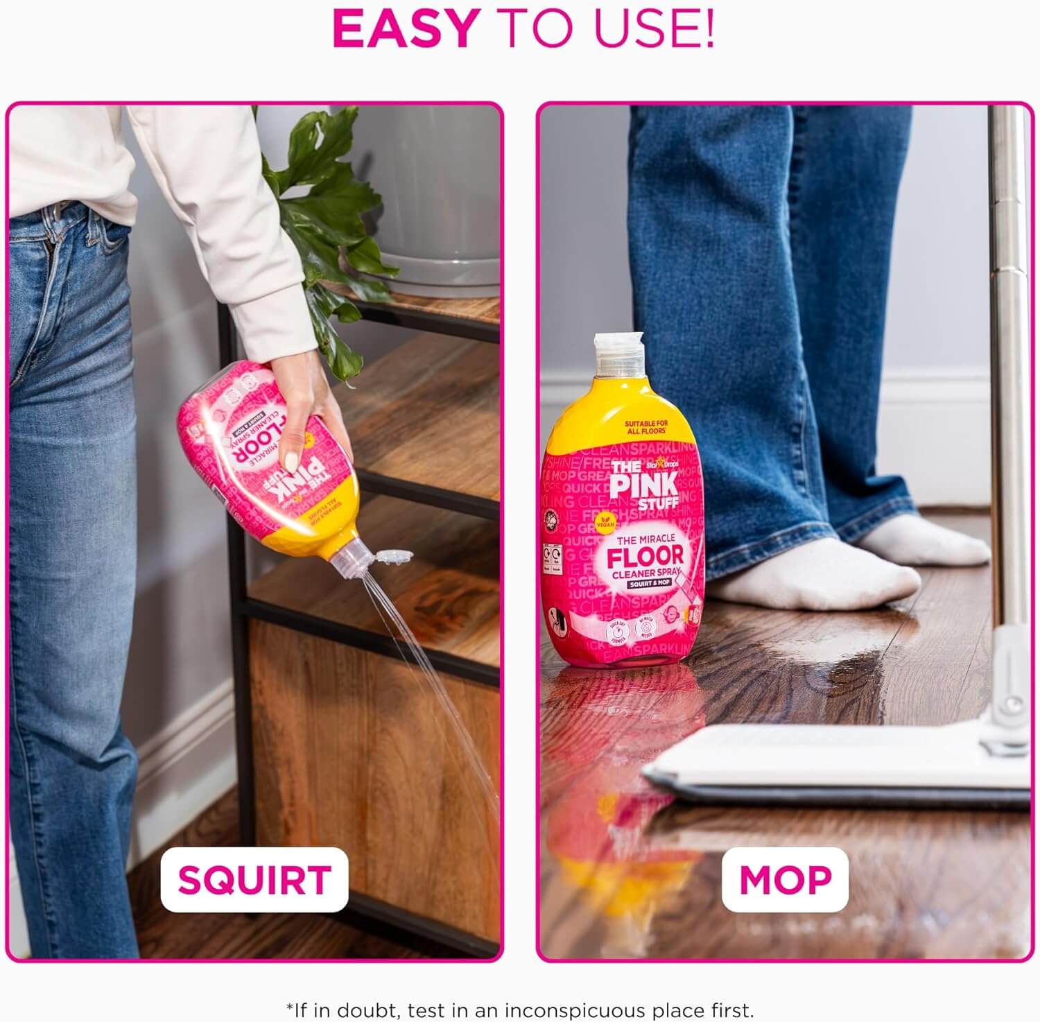 Using The Pink Stuff The Miracle Floor Cleaner 750ml to clean floors with ease, demonstrating the squirt and mop method.