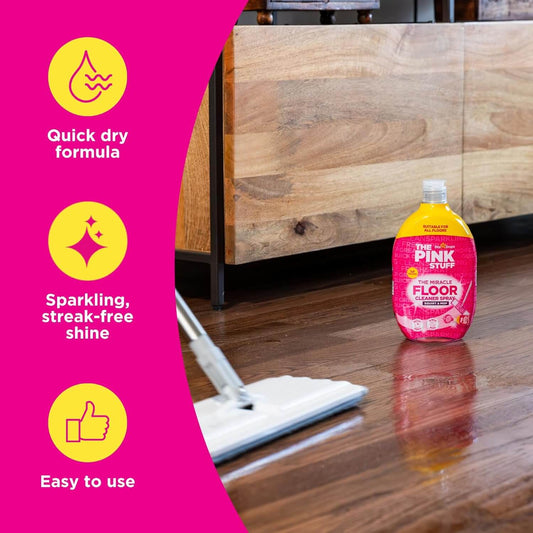 The Pink Stuff The Miracle Floor Cleaner 750ml on a wooden floor with cleaning mop, easy to use for sparkling shine.
