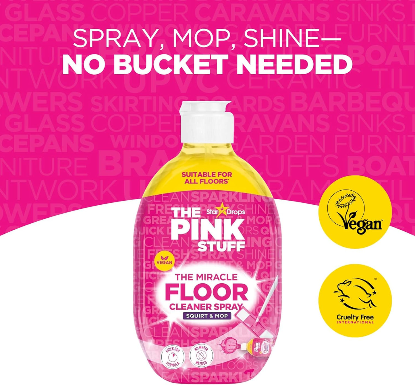 The Pink Stuff The Miracle Floor Cleaner 750ml spray bottle with pink and yellow design and vegan certification.