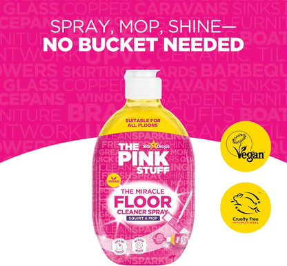 The Pink Stuff The Miracle Floor Cleaner 750ml spray bottle with pink and yellow design and vegan certification.