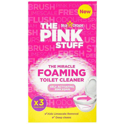 The Pink Stuff The Miracle Foaming Toilet Cleaner packaging, featuring self-activating pink foam, aids limescale removal and deep cleans.