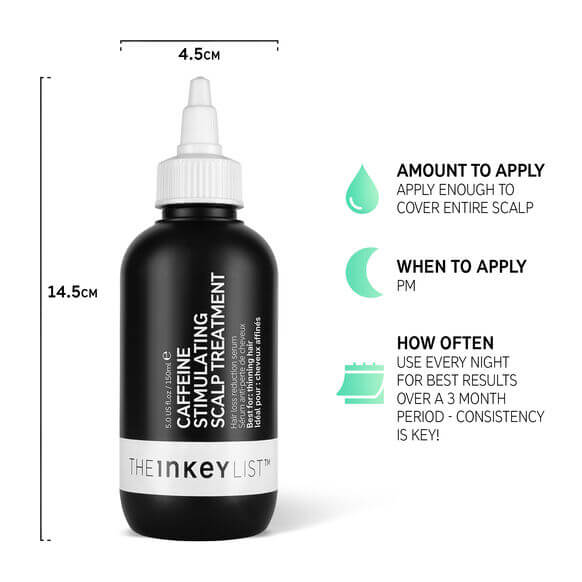 The INKEY List Caffeine Stimulating Scalp Treatment bottle with application guidelines and dimensions.