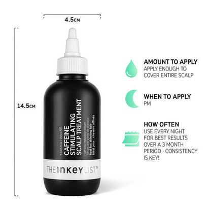The INKEY List Caffeine Stimulating Scalp Treatment bottle with application guidelines and dimensions.