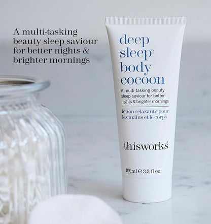 Tube of 'deep sleep body cocoon' lotion by 'thisworks' on a light background