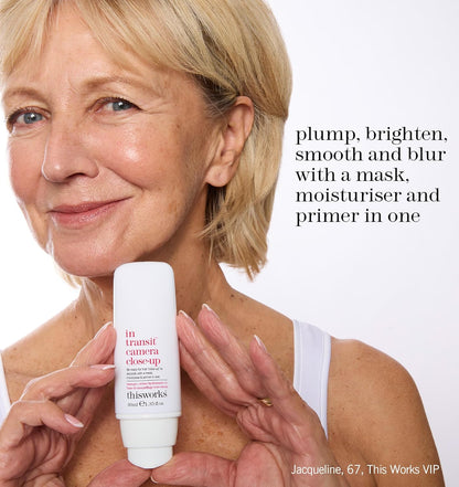 Woman holding a thisworks skincare product with text about skincare benefits on a white background