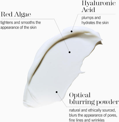 Illustration of thisworks skincare product with text describing Red Algae, Hyaluronic Acid, and Optical blurring powder.