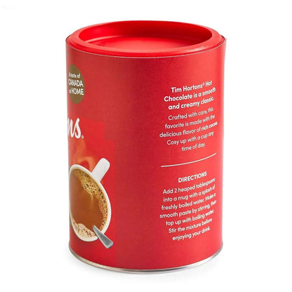 Tim Hortons Hot Chocolate Mix 500g can with directions, perfect for making rich and creamy hot chocolate at home.