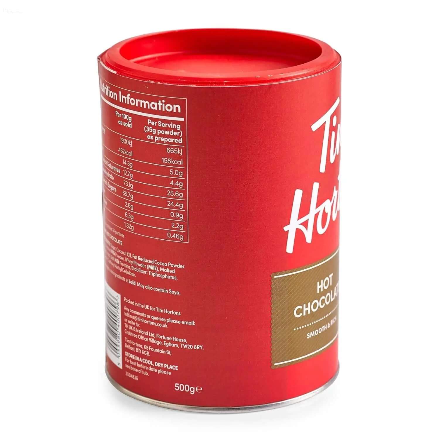 Tim Hortons Hot Chocolate Mix 500g can showcasing rich, classic hot chocolate flavor, perfect for cozy drinks.