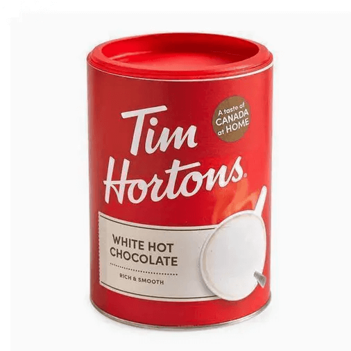 Tim Hortons White Hot Chocolate can, rich and smooth, perfect for hot chocolate lovers, 500g packaging.