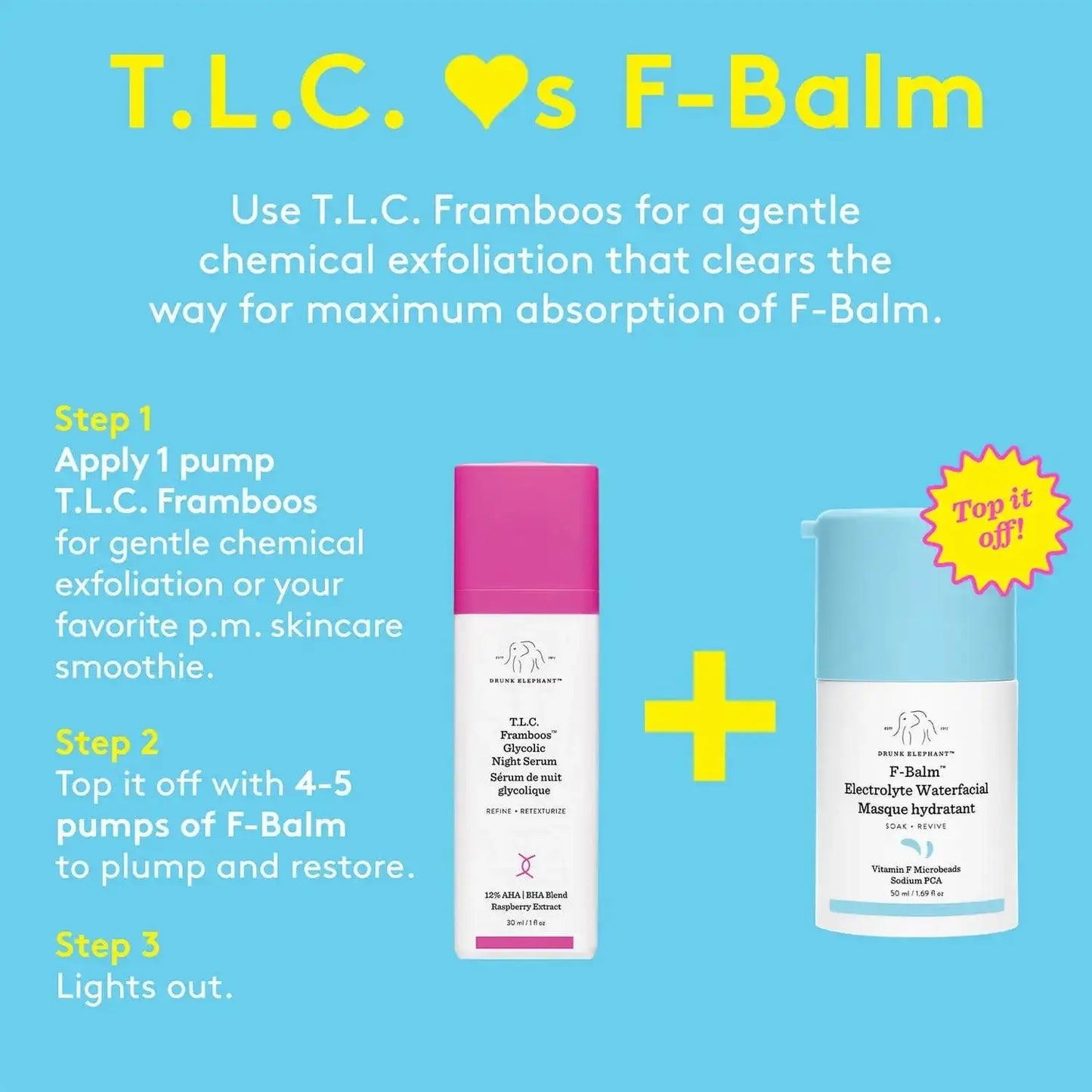 Drunk Elephant T.L.C. Framboos and F-Balm skincare routine graphic with steps for chemical exfoliation and hydration.