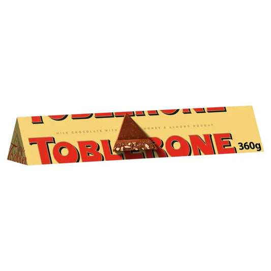 Toblerone 360g Milk Chocolate Bar, featuring iconic triangular shape, smooth chocolate, honey, and almond nougat.