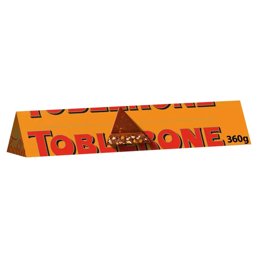 Toblerone Milk Chocolate Bar 360g with honey and almond nougat in a distinctive triangular package.
