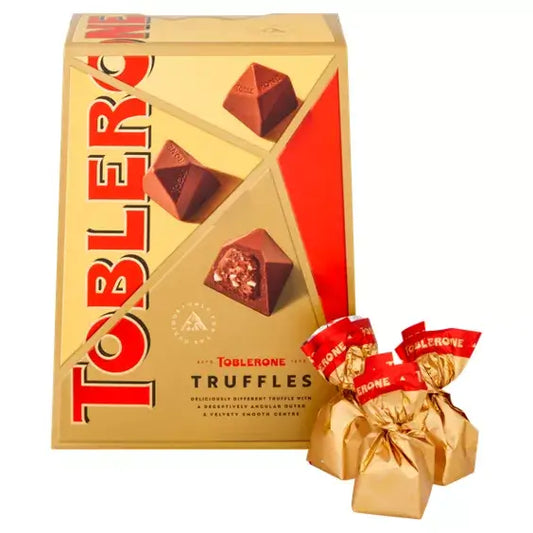 Toblerone Truffles Chocolate Box 180g with individually wrapped chocolates, showcasing Swiss milk chocolate and nougat.