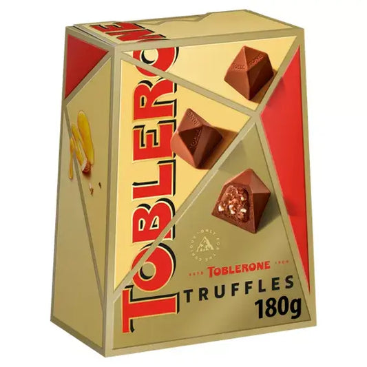 Toblerone Truffles Chocolate Box 180g featuring Swiss milk chocolate and honey-almond nougat.