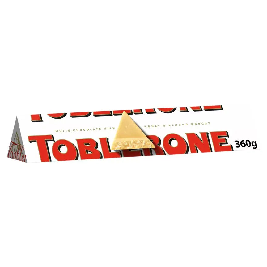 Toblerone White Chocolate Bar 360g with honey and almond nougat, iconic Swiss triangular packaging.