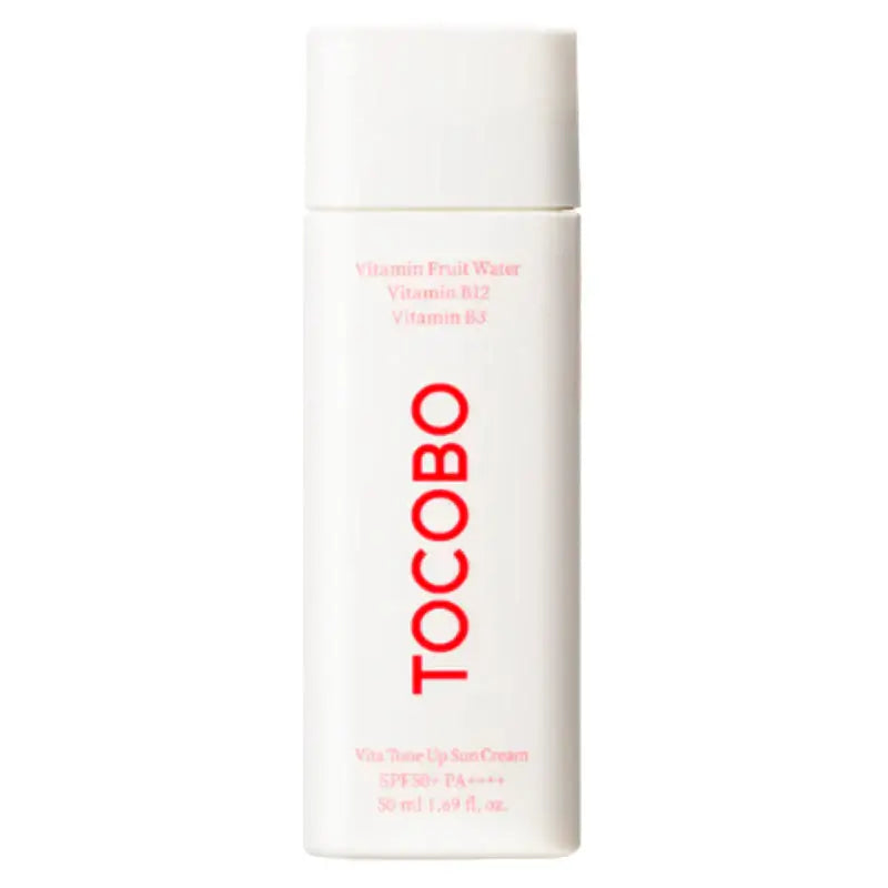 TOCOBO Vita Tone Up Sun Cream SPF50+ PA++++ in a 50ml bottle, enriched with Vitamin Fruit Water and vitamins B3 and B12.