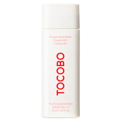 TOCOBO Vita Tone Up Sun Cream SPF50+ PA++++ in a 50ml bottle, enriched with Vitamin Fruit Water and vitamins B3 and B12.