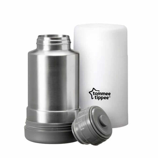 Tommee Tippee Closer to Nature portable baby bottle and food warmer, stainless steel, compact design for on-the-go use.