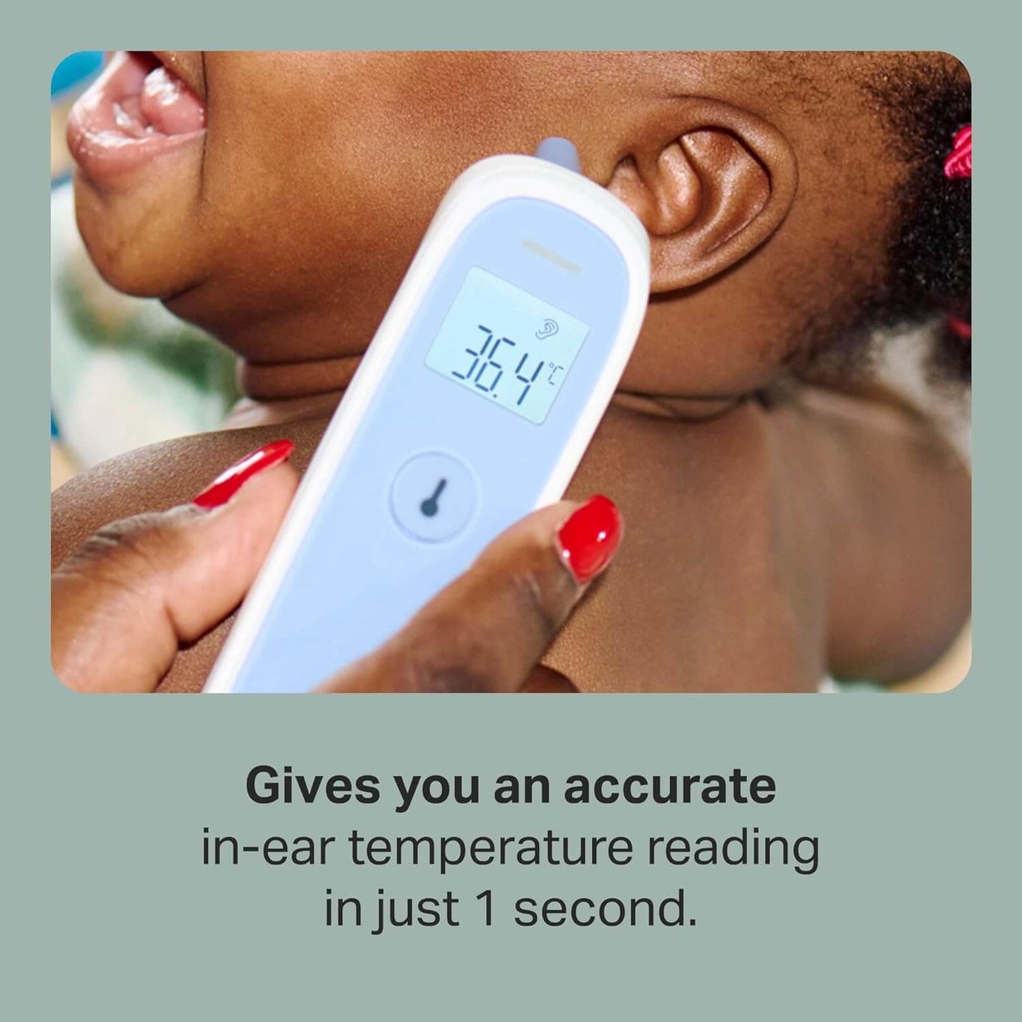 Digital ear thermometer being used on a child's ear with text indicating accuracy and speed of reading.