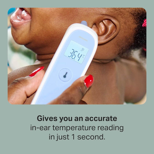 Digital ear thermometer being used on a child's ear with text indicating accuracy and speed of reading.