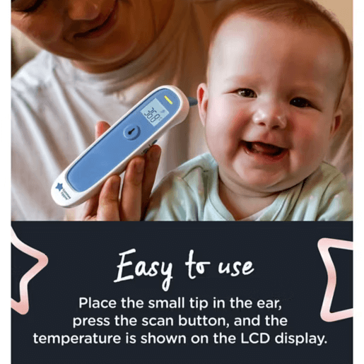 Baby being measured with a digital thermometer, with text indicating ease of use.
