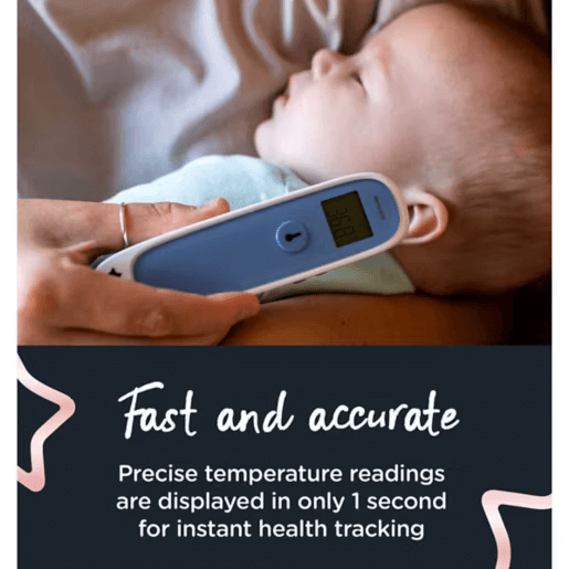 Baby being measured with a digital thermometer, with text about fast and accurate temperature readings.