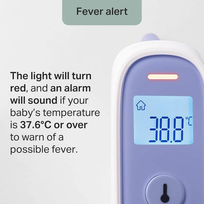 Digital thermometer with temperature display and fever alert text on a light gray background