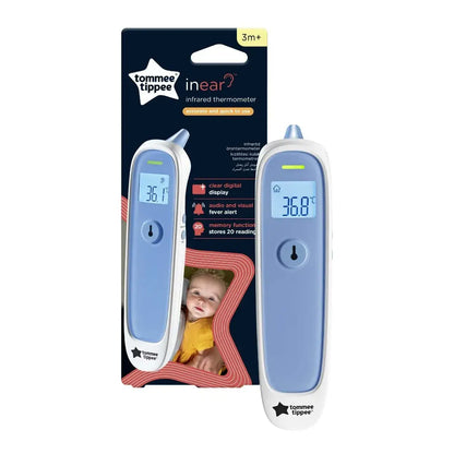 Tommee Tippee infrared thermometer with packaging on a white background