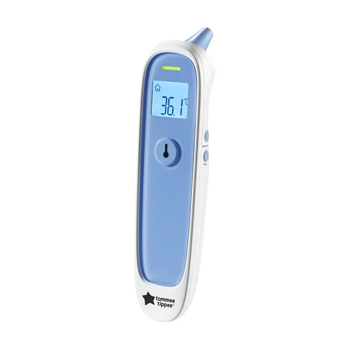 Digital thermometer with blue and white design on a white background