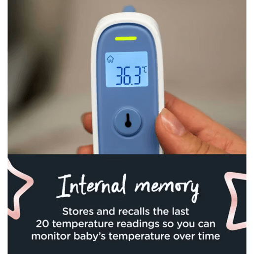 Digital thermometer displaying temperature with text about internal memory feature.