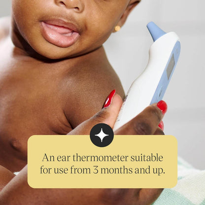 Person holding an ear thermometer with text indicating suitability for use from 3 months and up.