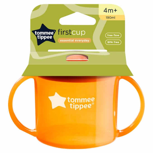 Tommee Tippee First Cup Essentials 190ml for 4m+, BPA free, orange design with handles for easy grip.