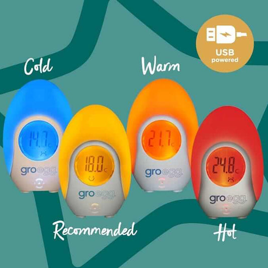 Tommee Tippee Groegg Digital Thermometer displaying temperature colors: Cold, Recommended, Warm, and Hot.
