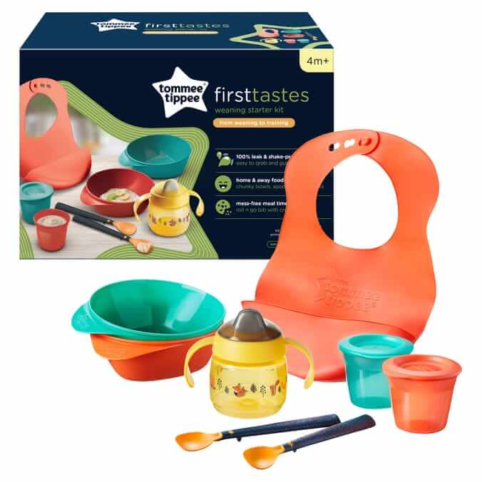 Tommee Tippee Hello Food Weaning Starter Kit for 4m+, includes bib, bowls, and utensils for baby's first solids.