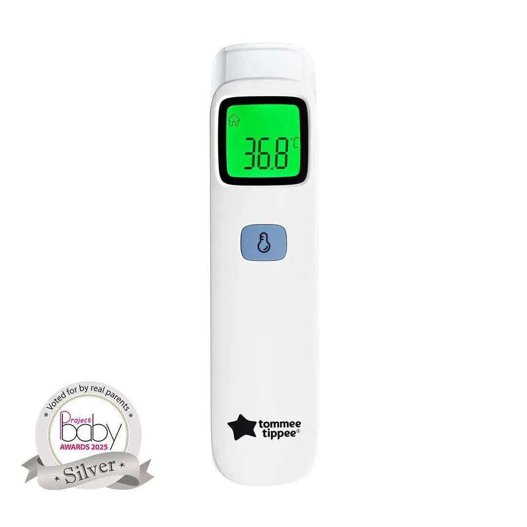 Digital thermometer with green display on a white background, featuring Tommee Tippee branding.