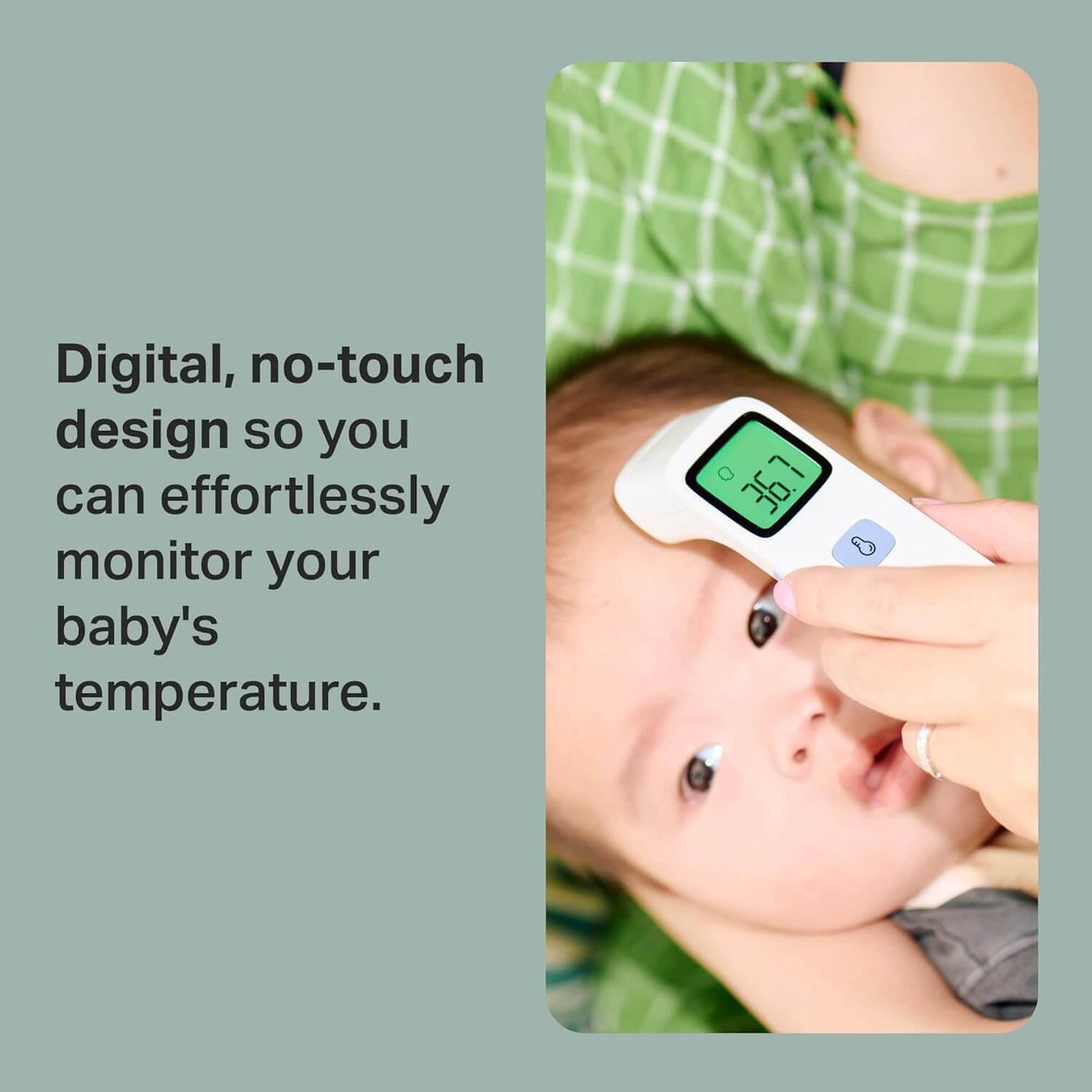 Baby being measured with a digital no-touch thermometer, with text on a light green background.