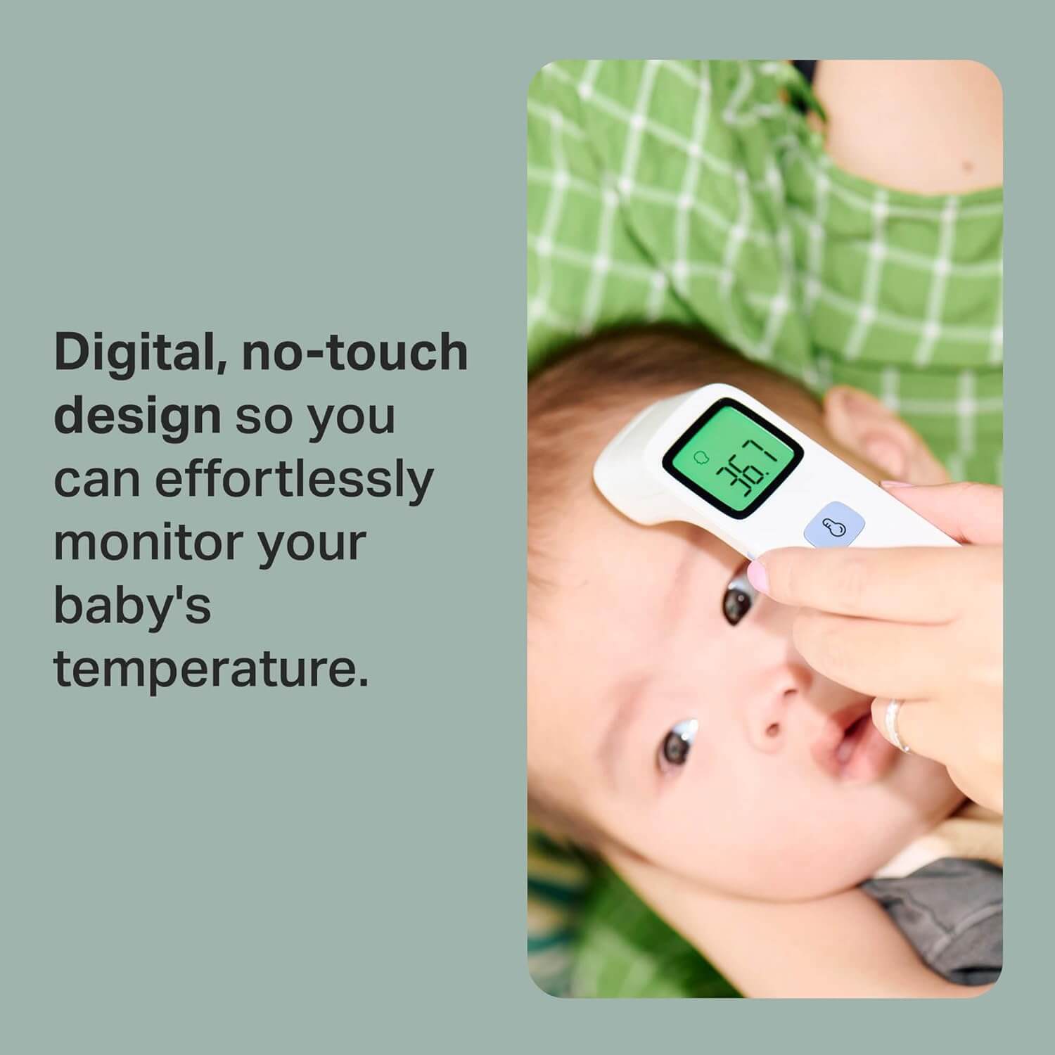 Baby being measured with a digital no-touch thermometer, with text on a light green background.