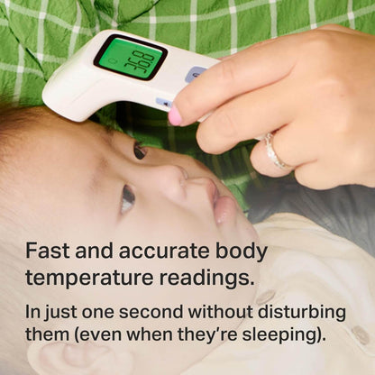 Baby being measured with a digital thermometer, text about fast and accurate body temperature readings.