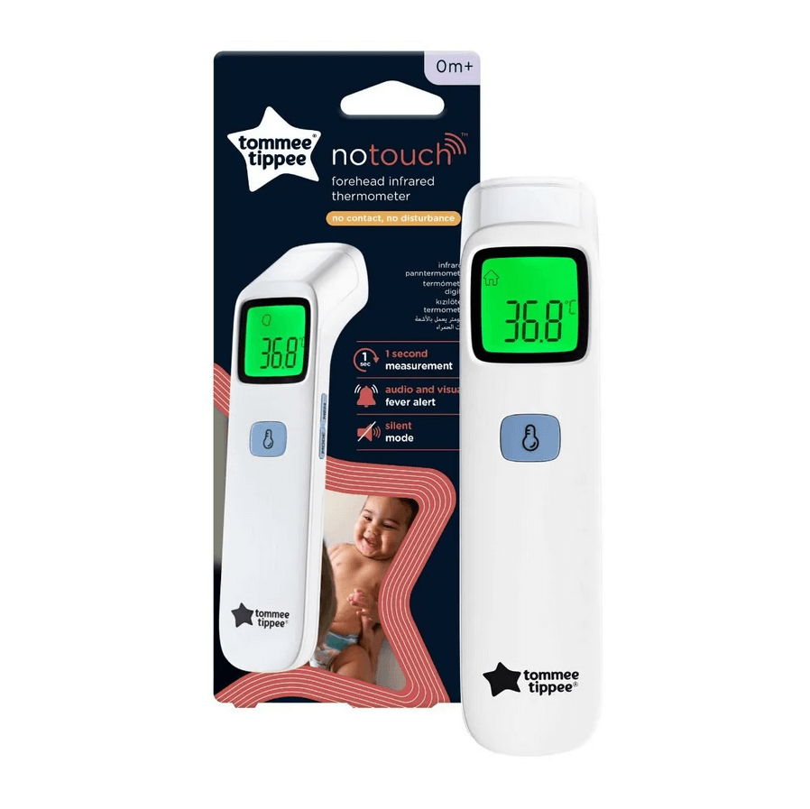 Tommee Tippee no touch infrared thermometer with packaging on a white background