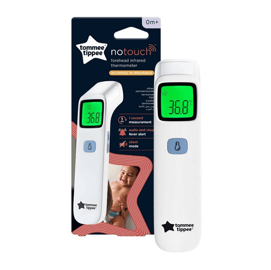 Tommee Tippee no touch infrared thermometer with packaging on a white background