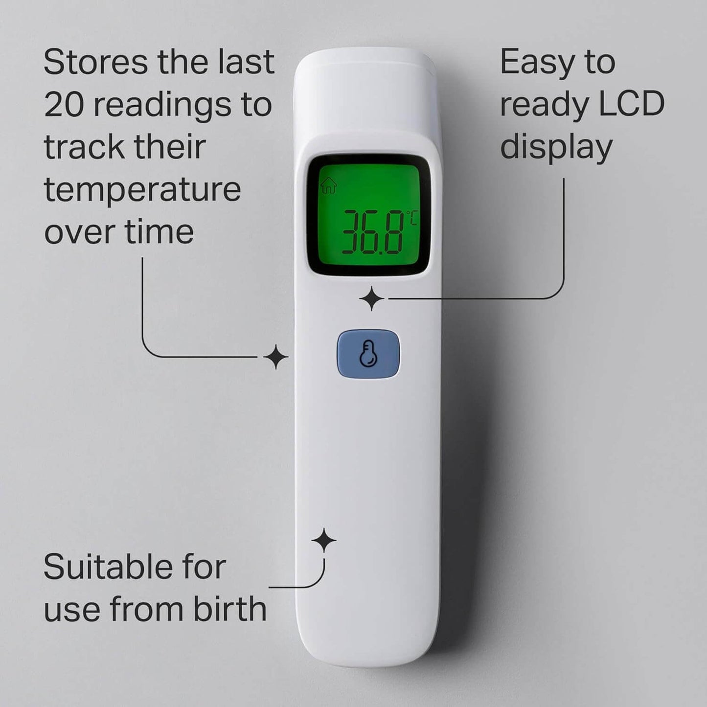 Digital thermometer with features highlighted on a gray background