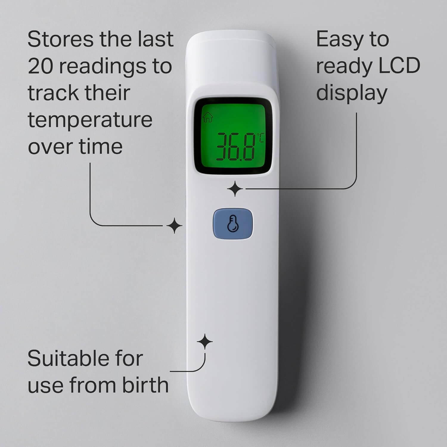 Digital thermometer with features highlighted on a gray background