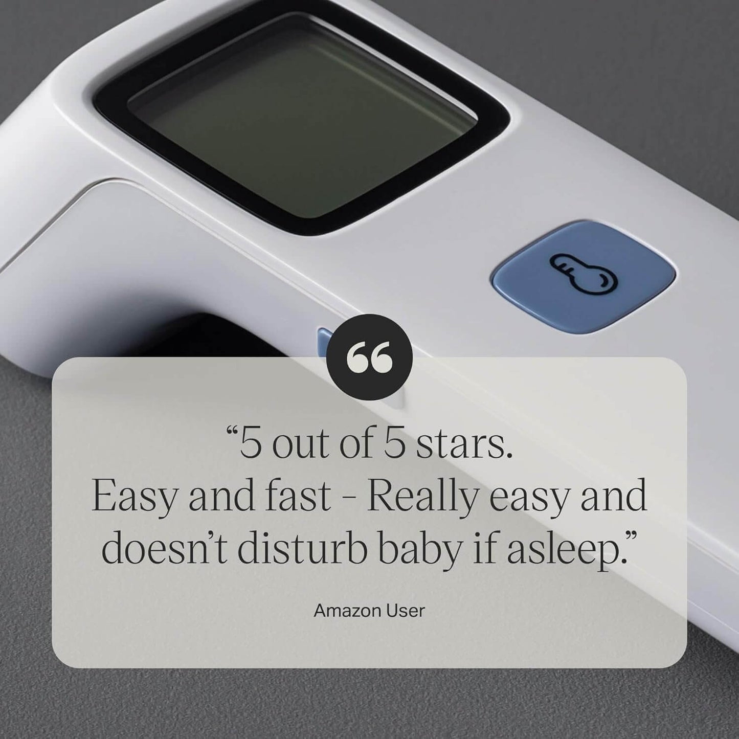 Digital thermometer with a customer review on a gray background