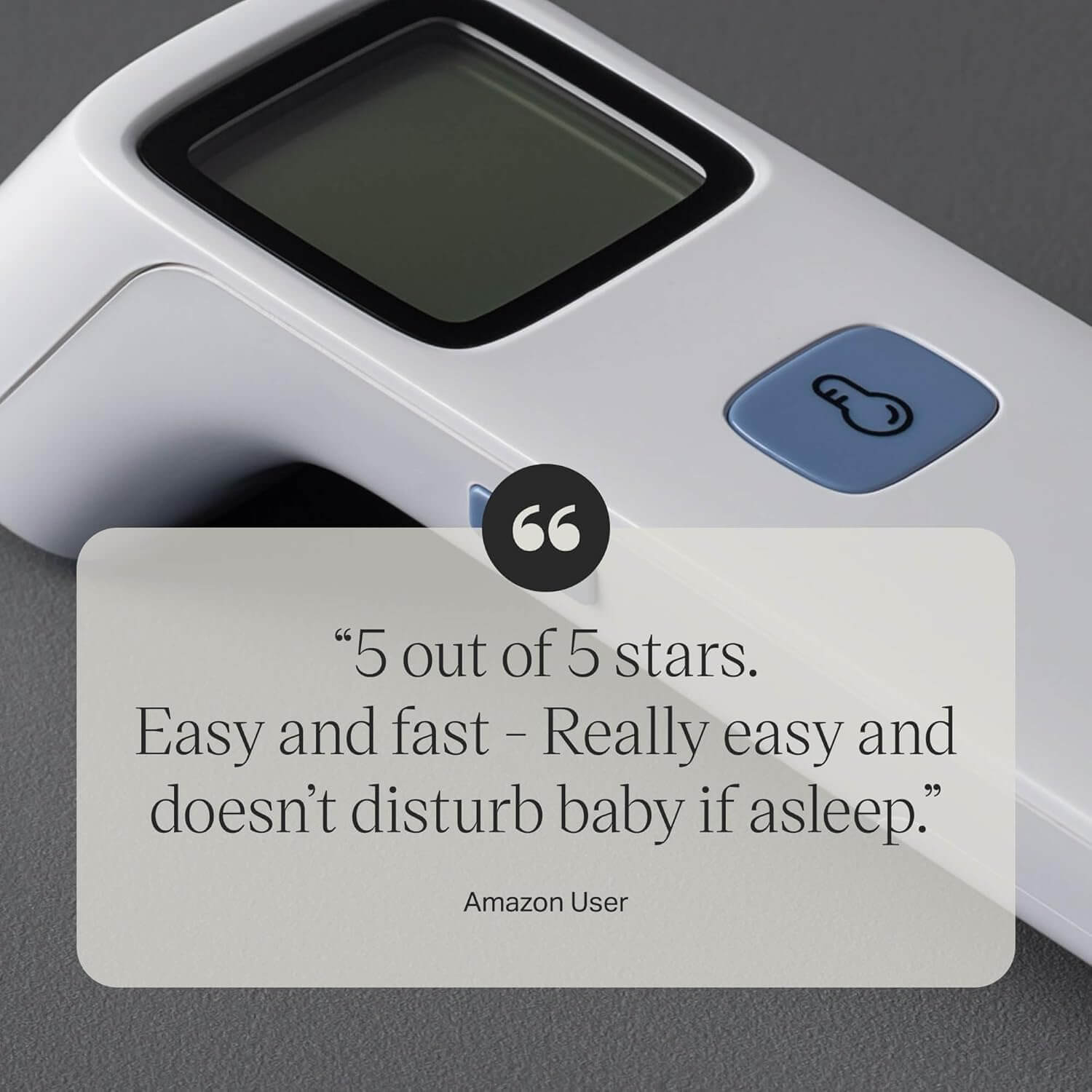 Digital thermometer with a customer review on a gray background