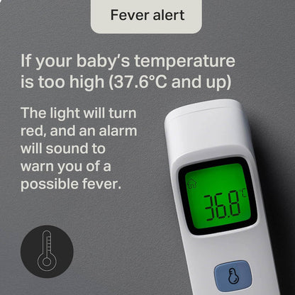 Digital thermometer with a gray background and text about fever alerts.