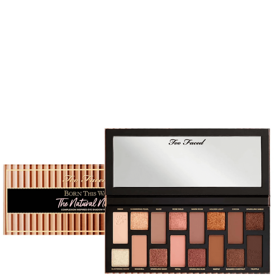 Too Faced eyeshadow palette with open lid showing color swatches on a white background