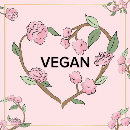 Too Faced Floral design with 'VEGAN' text on a pink background