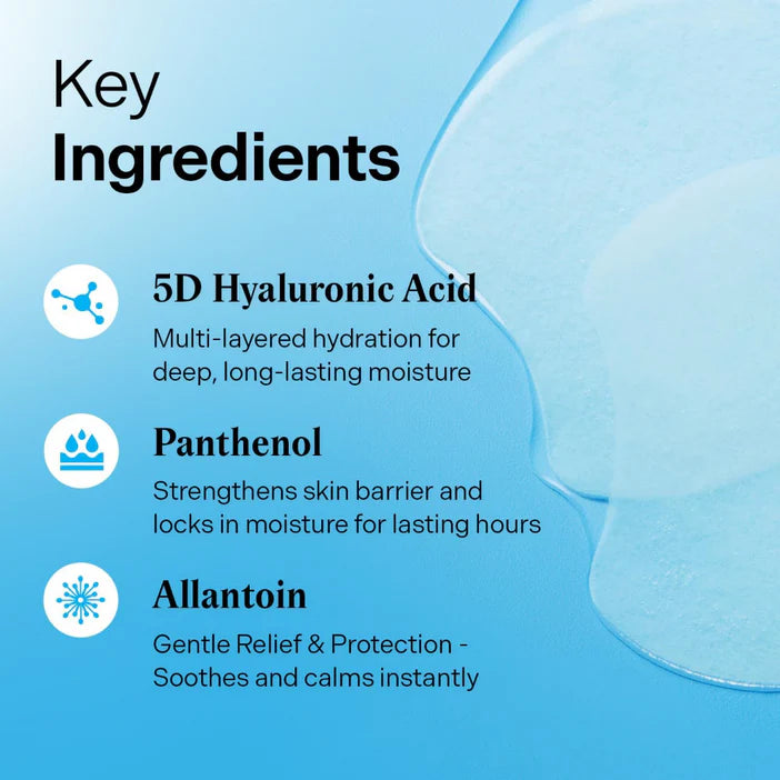 Key ingredients of a skincare product on a blue background with a close-up of skin.
